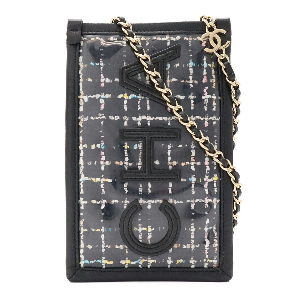 CHANEL Tweed Chain Bag Shoulder Pouch Pochette Vinyl Leather Clear Black